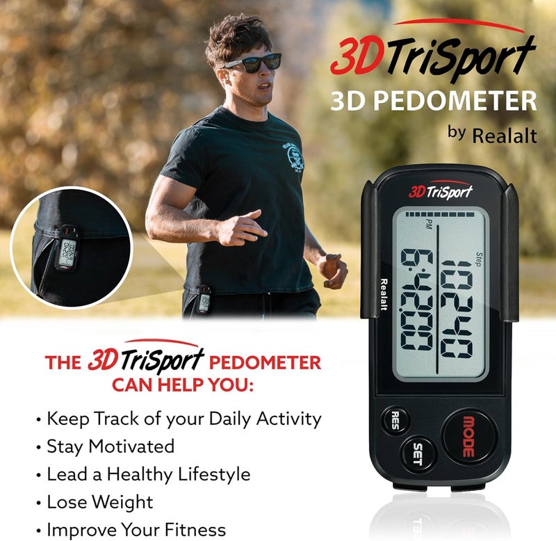 Realalt 3DTriSport Walking 3D Pedometer with Clip & Strap, eBook Included 30 Days Memory Accurate Step Counter, Walking Distance Miles/Km, Calorie Counter, Daily Exercise Time Monitor - Image 3