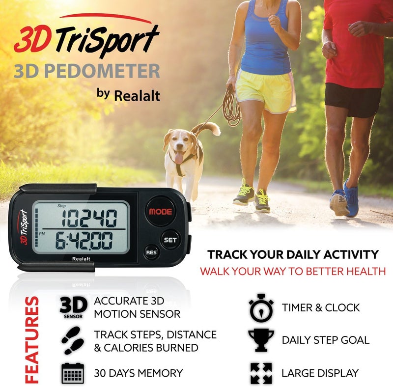 Realalt 3DTriSport Walking 3D Pedometer with Clip & Strap, eBook Included 30 Days Memory Accurate Step Counter, Walking Distance Miles/Km, Calorie Counter, Daily Exercise Time Monitor - Image 2