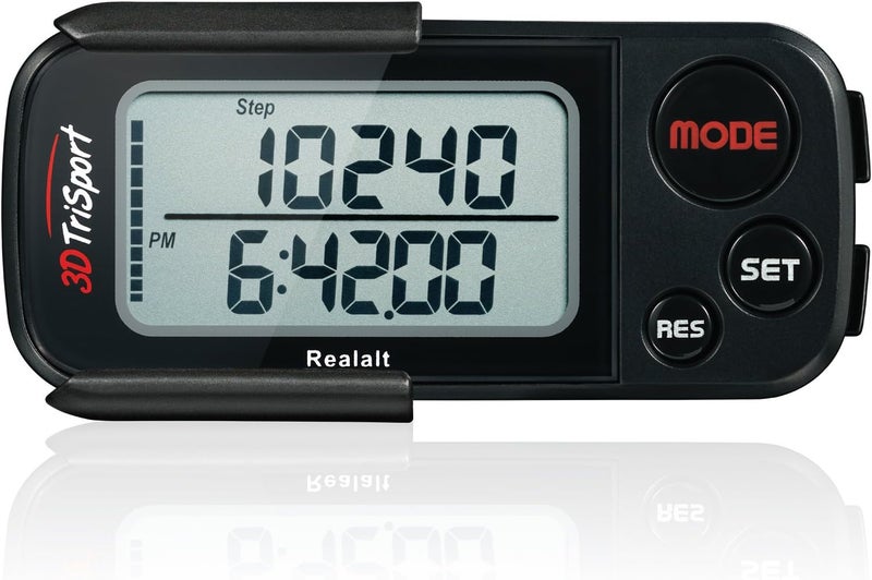 Realalt 3DTriSport Walking 3D Pedometer with Clip & Strap, eBook Included 30 Days Memory Accurate Step Counter, Walking Distance Miles/Km, Calorie Counter, Daily Exercise Time Monitor - Image 1