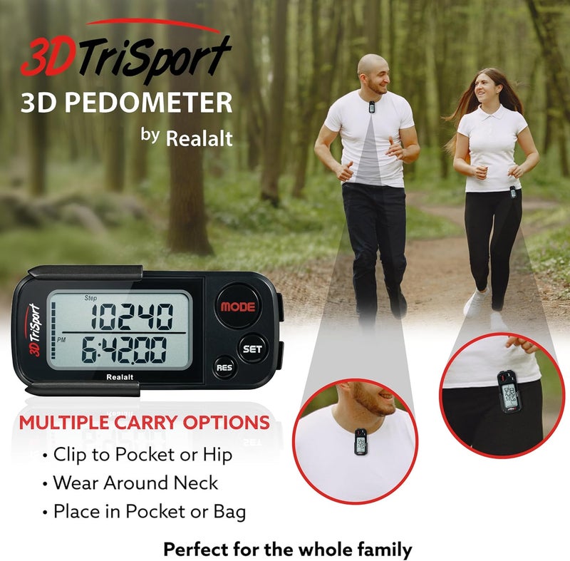 Realalt 3DTriSport Walking 3D Pedometer with Clip & Strap, eBook Included 30 Days Memory Accurate Step Counter, Walking Distance Miles/Km, Calorie Counter, Daily Exercise Time Monitor - Image 5