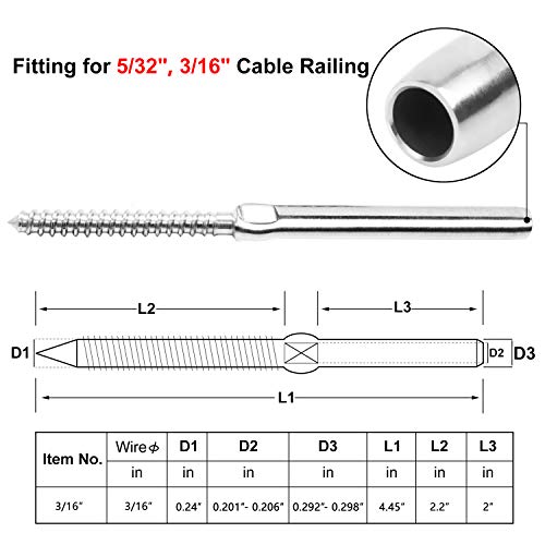 BLIKA 40 Pack 3/16" Swage Lag Screws Left & Right, T316 Stainless Steel Deck Cable Railing Hardware, 3/16" Handed Thread Swage Lag Screws for Wood Posts(20 Pairs) - Image 2