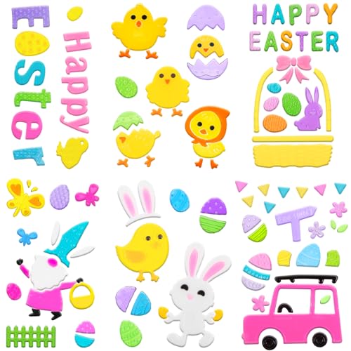 HOHUCRAB 6 Sheets Easter Gel Window Clings, Eggs, Bunny, Basket and Gnome Easter Gel Clings for Glass Windows Decorations - Image 1