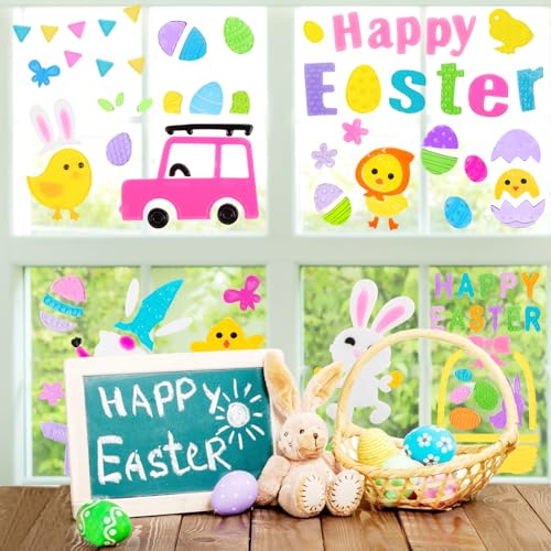 HOHUCRAB 6 Sheets Easter Gel Window Clings, Eggs, Bunny, Basket and Gnome Easter Gel Clings for Glass Windows Decorations - Image 2