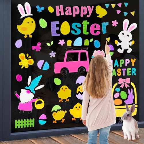 HOHUCRAB 6 Sheets Easter Gel Window Clings, Eggs, Bunny, Basket and Gnome Easter Gel Clings for Glass Windows Decorations - Image 4