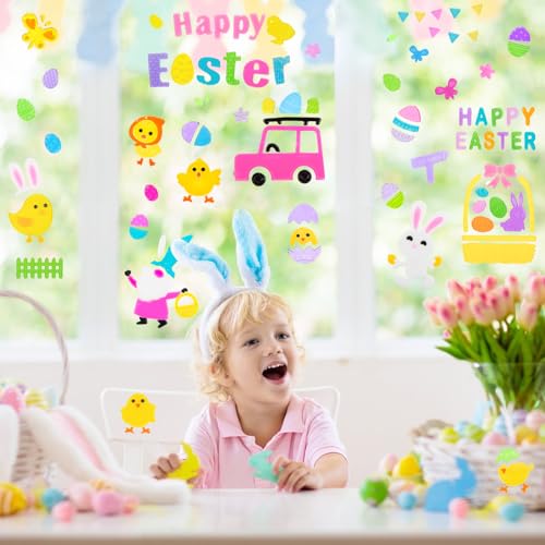 HOHUCRAB 6 Sheets Easter Gel Window Clings, Eggs, Bunny, Basket and Gnome Easter Gel Clings for Glass Windows Decorations - Image 3