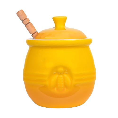 Creative Co-Op Yellow Stoneware Honey Pot with Lid & Wood Honey Dipper - Image 1