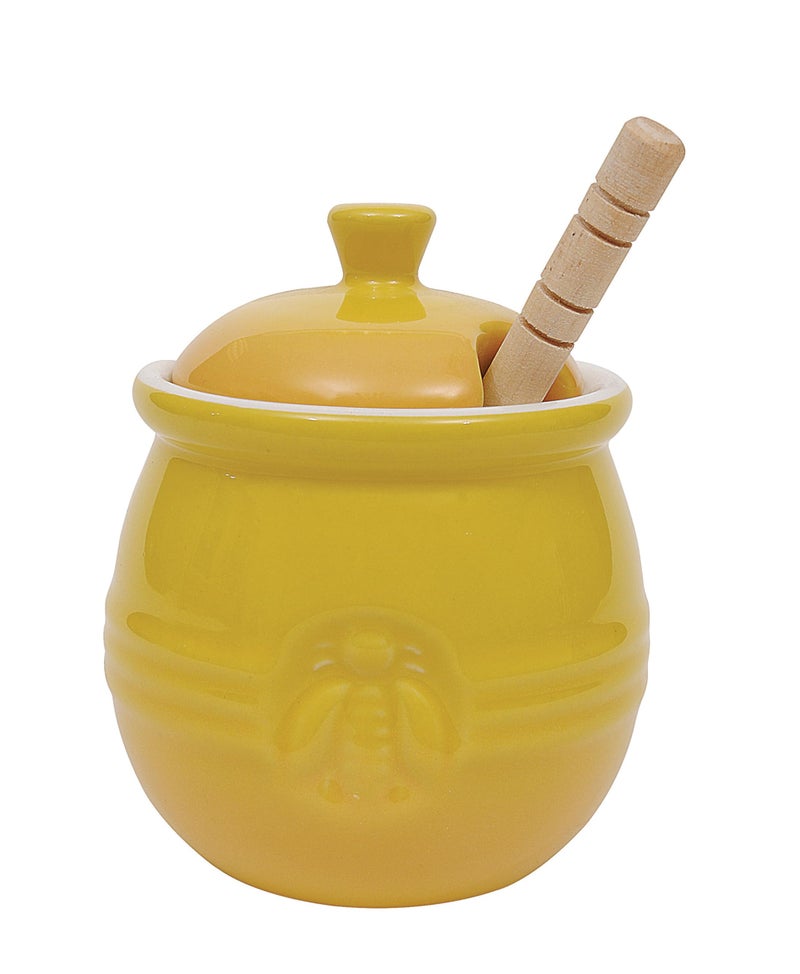 Creative Co-Op Yellow Stoneware Honey Pot with Lid & Wood Honey Dipper - Image 3