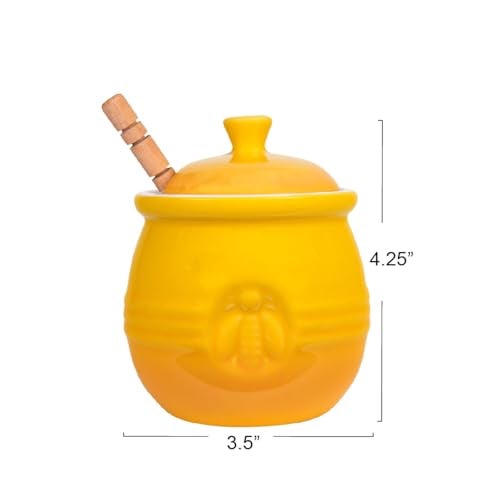 Creative Co-Op Yellow Stoneware Honey Pot with Lid & Wood Honey Dipper - Image 2