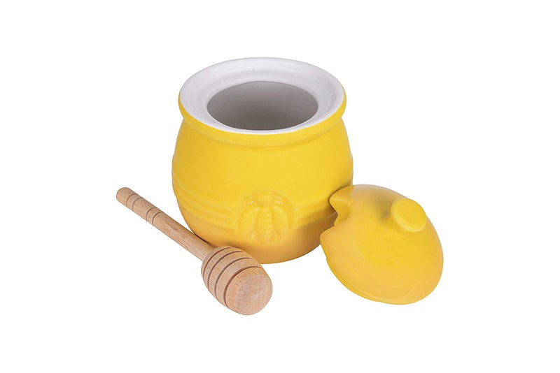 Creative Co-Op Yellow Stoneware Honey Pot with Lid & Wood Honey Dipper - Image 4