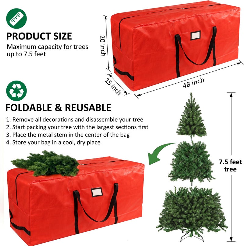 HABGP 7.5 ft Christmas Tree Storage Bag, Fits Artificial Xmas Holiday Tree, Durable Christmas Tree Storage Box Waterproof Material with Zippered Bag & Carry Handles, Protects from Dust, Moisture - Red - Image 3