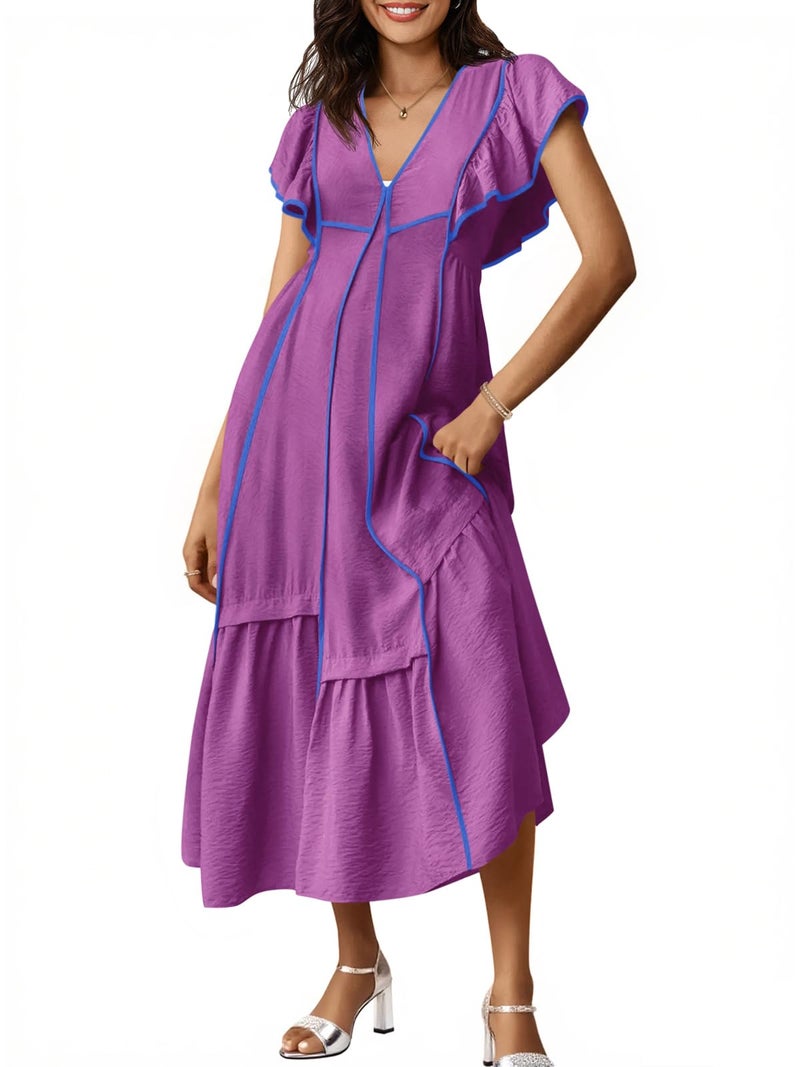 Wenrine Womens Summer V Neck Midi Dress Casual Ruffle Sleeve Contrast Color Loose Fit Flowy Long Dresses Violet - Image 1