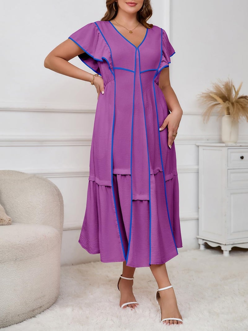 Wenrine Womens Summer V Neck Midi Dress Casual Ruffle Sleeve Contrast Color Loose Fit Flowy Long Dresses Violet - Image 5
