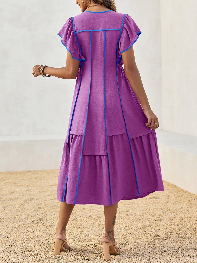 Wenrine Womens Summer V Neck Midi Dress Casual Ruffle Sleeve Contrast Color Loose Fit Flowy Long Dresses Violet - Image 4