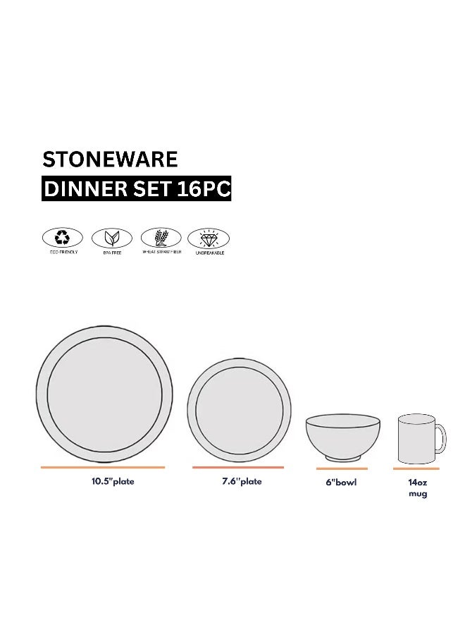 Feelings Premium Grey Stoneware Dinner Set with Modern Finish – 16-Piece Collection Featuring 10.5″ Dinner Plates,  8″ Side Plates And  6″ Bowls & 14oz Mugs | Microwave & Dishwasher Safe | Everyday Dining Essential for Home & Kitchen - Image 2