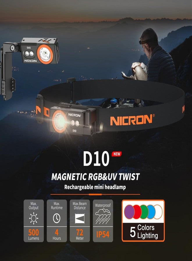 NICRON D10 EDC Flashlight Rechargeable，500 Lumens 3 Sources Pocket Compact RGB Flashlight with Headlamp Strip，Magnet Base for Fishing Outdoor Working - Image 2