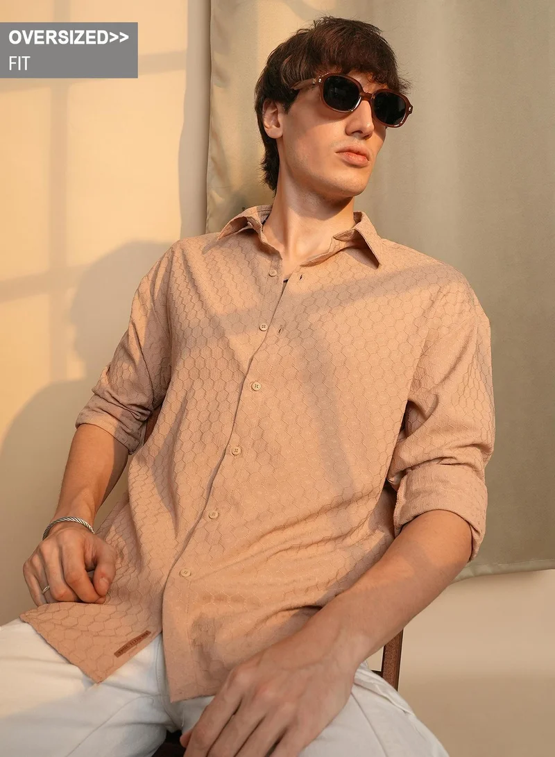 Campus Sutra Men's Saltbox Beige Honeycomb-Textured Oversized Shirt