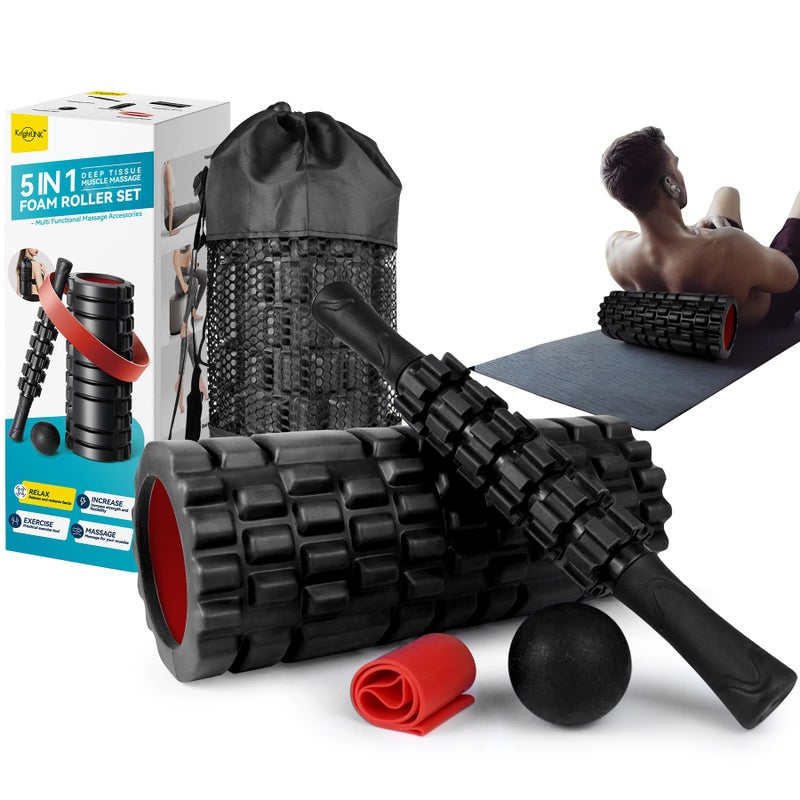Krightlink 5 in1 Foam Roller Set for Deep Tissue Muscle Massage High Density Fitness Exercise Foam Roller Massage Roller Massage Ball Resistance Band for Whole Body Black