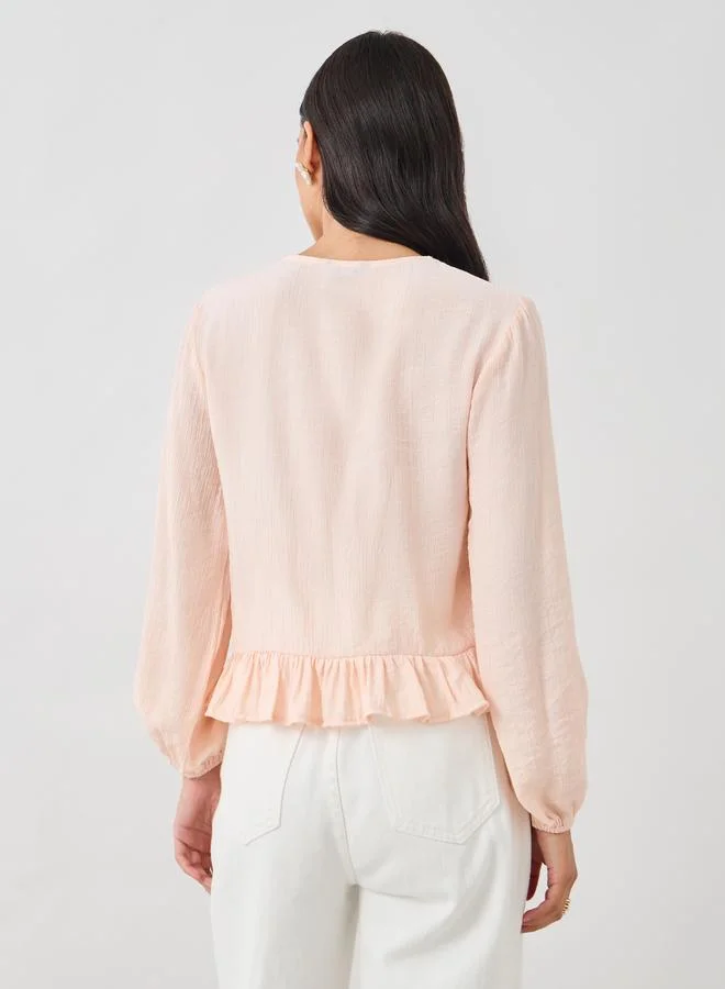 Styli Styli Tie-Up Neck Lace Detail Balloon Sleeve Blouse