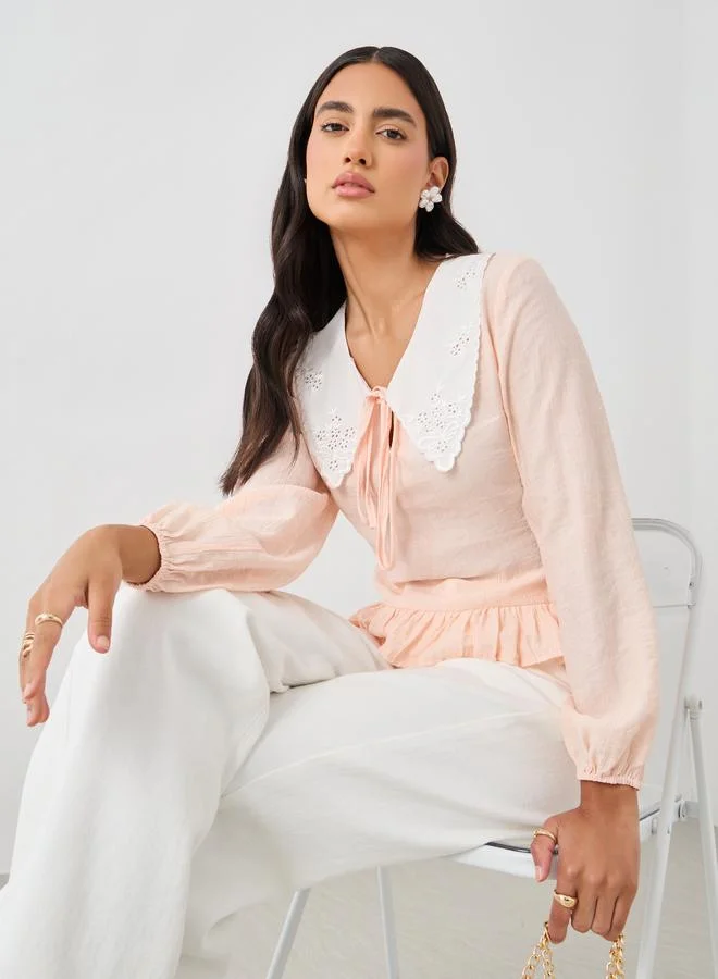 ستايلي Styli Tie-Up Neck Lace Detail Balloon Sleeve Blouse