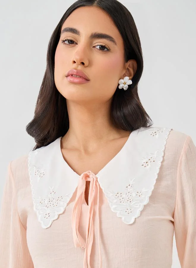 Styli Styli Tie-Up Neck Lace Detail Balloon Sleeve Blouse