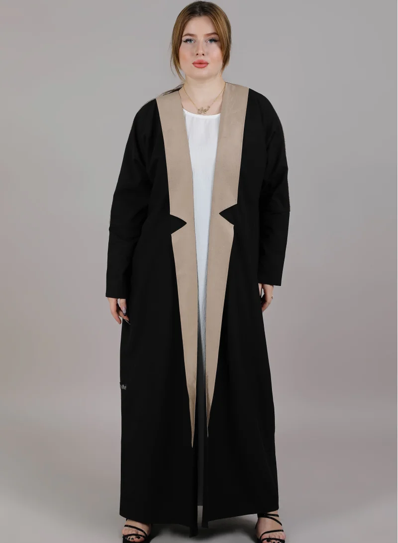 MSquare Fashion MSquare Fashion Black And Pink Crepe Open Abaya With Embroidery On Shoulder
