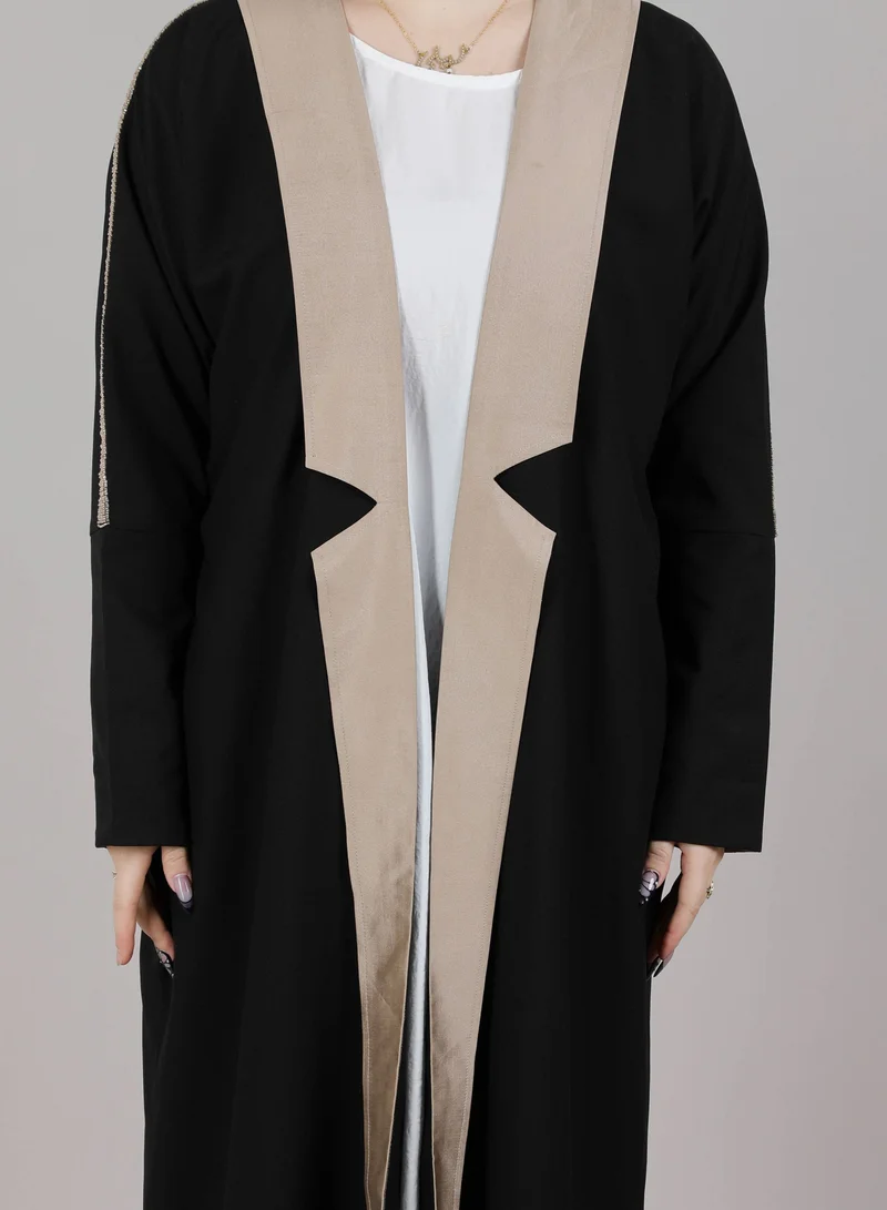 MSquare Fashion MSquare Fashion Black And Pink Crepe Open Abaya With Embroidery On Shoulder