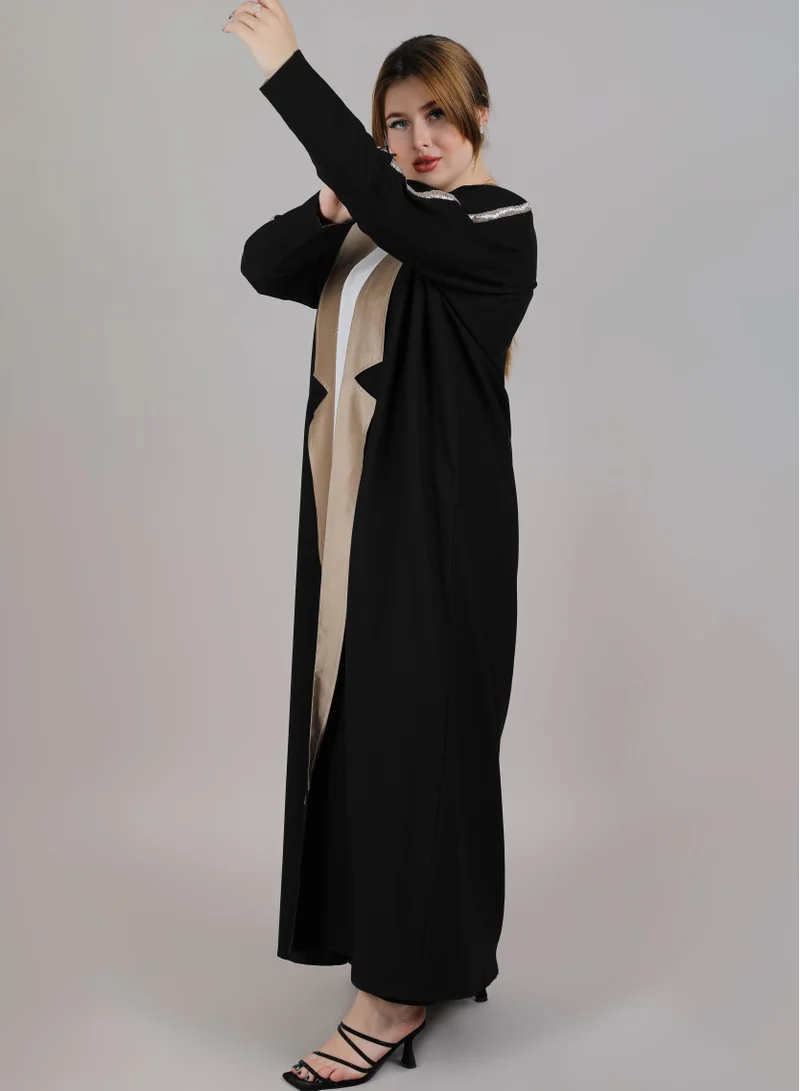 MSquare Fashion MSquare Fashion Black And Pink Crepe Open Abaya With Embroidery On Shoulder