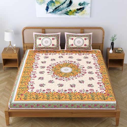 SheetKart Pure Cotton Jaipuri Printed Mandala Floral Printed King Size Double Bedsheet with 2 Pillow Covers - Pastel Orange - Image 5