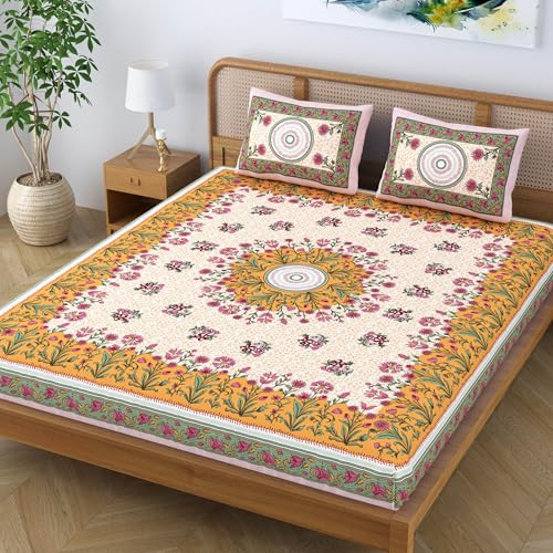 SheetKart Pure Cotton Jaipuri Printed Mandala Floral Printed King Size Double Bedsheet with 2 Pillow Covers - Pastel Orange - Image 3