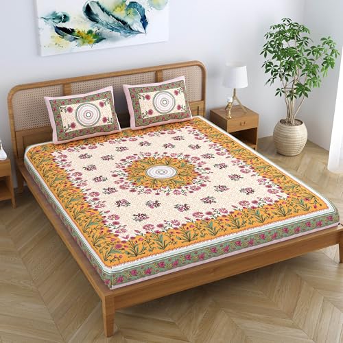 SheetKart Pure Cotton Jaipuri Printed Mandala Floral Printed King Size Double Bedsheet with 2 Pillow Covers - Pastel Orange - Image 4