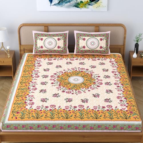 SheetKart Pure Cotton Jaipuri Printed Mandala Floral Printed King Size Double Bedsheet with 2 Pillow Covers - Pastel Orange - Image 2