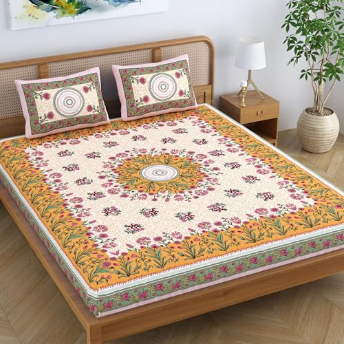 SheetKart Pure Cotton Jaipuri Printed Mandala Floral Printed King Size Double Bedsheet with 2 Pillow Covers - Pastel Orange - Image 1