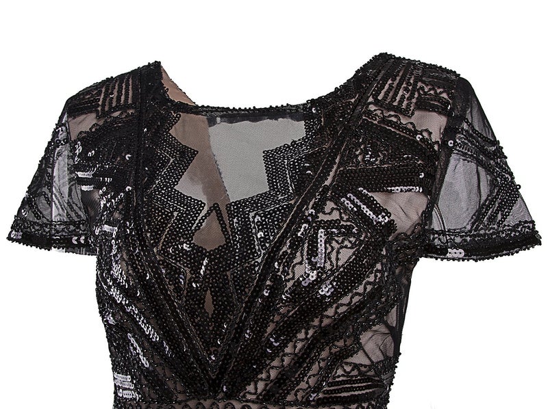 Vijiv 1920s Short Prom Dresses V Neck Inspired Sequins Cocktail Flapper Dress Black Beige Medium - Image 5