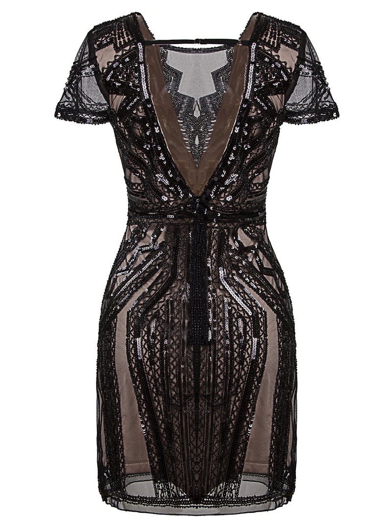 Vijiv 1920s Short Prom Dresses V Neck Inspired Sequins Cocktail Flapper Dress Black Beige Medium - Image 4