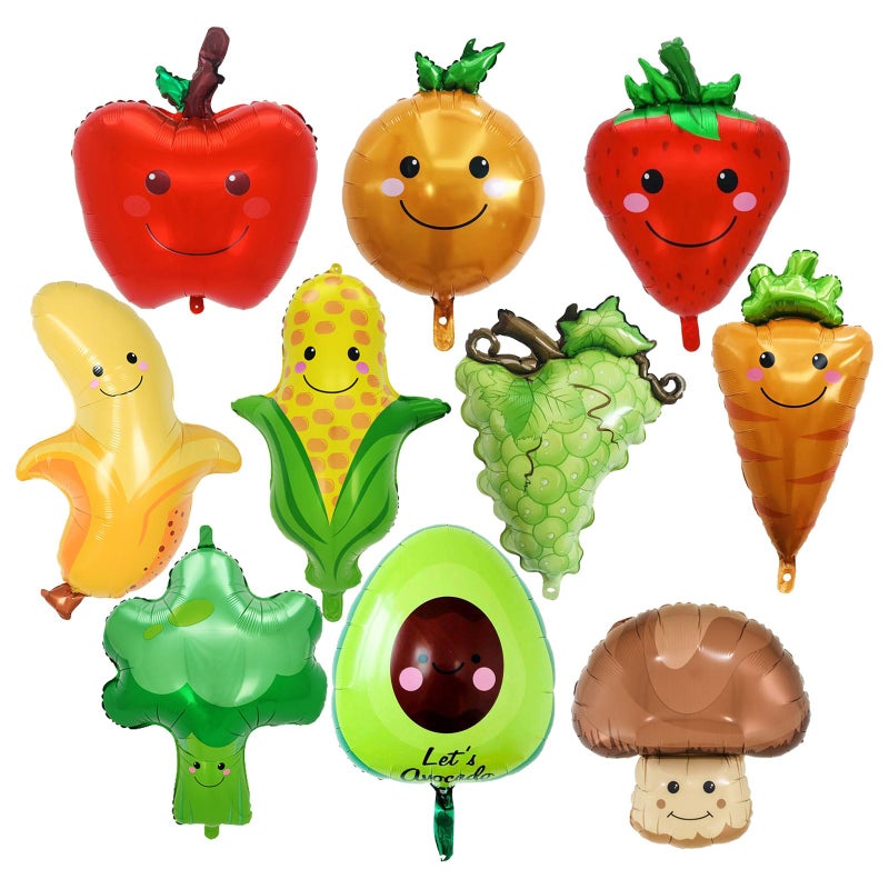 YiYou 10 Pcs Fruit Balloons and Vegetable Balloons Large Apple Orange Strawberry Grape Mushroom Banana Avocado Corn Carrot Broccoli Mylar Foil Balloons Fruit Theme Birthday Party Decorations Supplies - Image 3