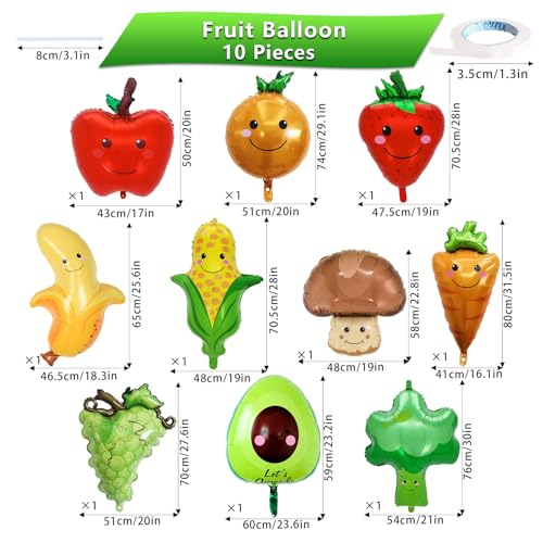 YiYou 10 Pcs Fruit Balloons and Vegetable Balloons Large Apple Orange Strawberry Grape Mushroom Banana Avocado Corn Carrot Broccoli Mylar Foil Balloons Fruit Theme Birthday Party Decorations Supplies - Image 5