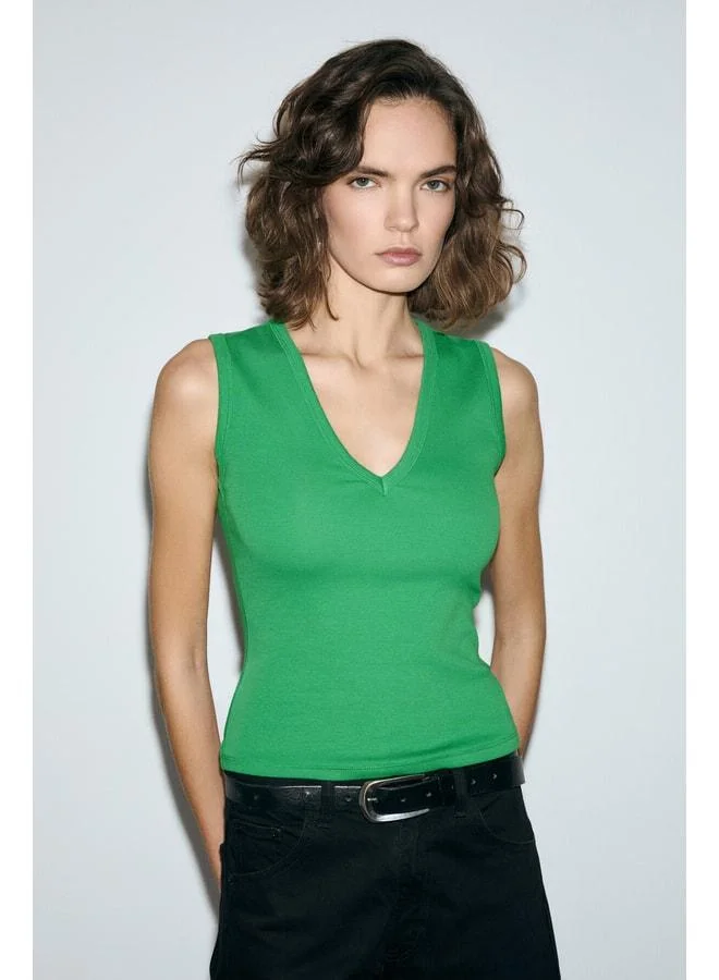 Grimelange LESCOSA Women's Slim V-Neck Sleeveless Open Green Blouse.