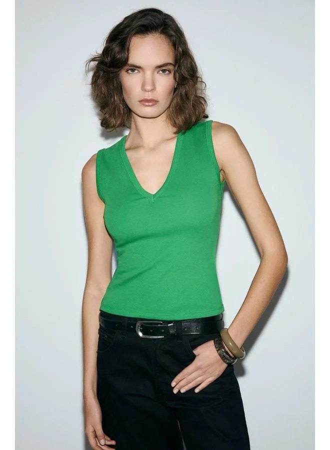 Grimelange LESCOSA Women's Slim V-Neck Sleeveless Open Green Blouse.