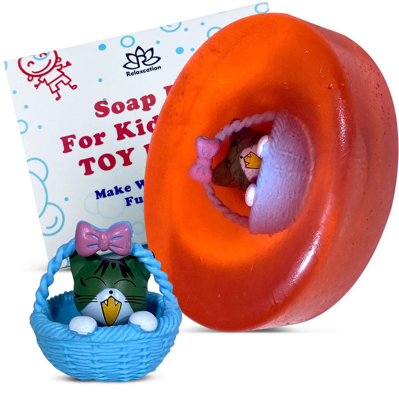 Relaxcation Natural Soap Bar For Kids With Toys Inside Surprise Toy Inside the Bar Made in USA from Safe Ingredients Kids Favorite Everyday Routine cat in basket