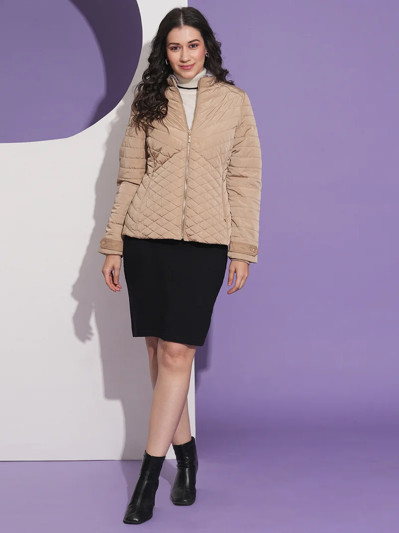 جلو باص Women Mock Neck Front Pockets Winter Wear Insulator Puffer Jacket