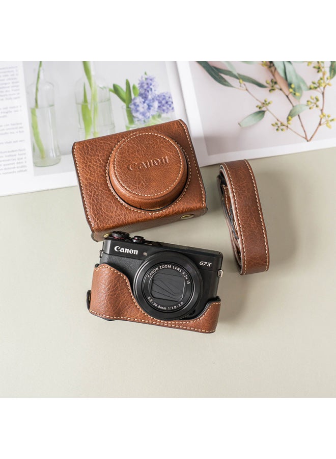 Canon G7x3 Protective Case G7x2 Camera Bag G7X Protective Case Base Leather Case Micro Single Camera Accessories Camera Case-Color:Brown G7x3/g7x2 Lychee Pattern Protective Cover - Image 1