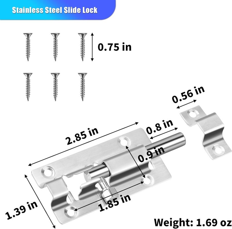 INBOF 2 Pack Slide Lock, 3 Inch Barrel Bolt Latch, Premium Door Latch Lock with 12 Screws, Stainless Steel Slide Locks for Inside Door - Image 2