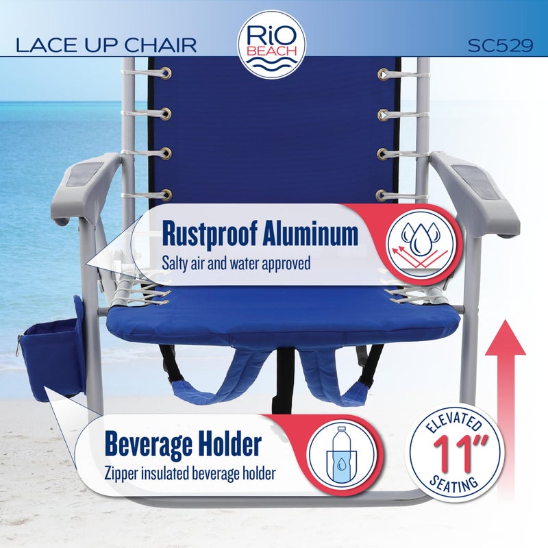 Rio Brands RIO Gear Beach Lace-Up Suspension Folding Beach Chair, Navy , 44.7" x 25.5" x 26.5" - Image 5