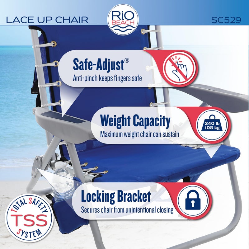 Rio Brands RIO Gear Beach Lace-Up Suspension Folding Beach Chair, Navy , 44.7" x 25.5" x 26.5" - Image 2