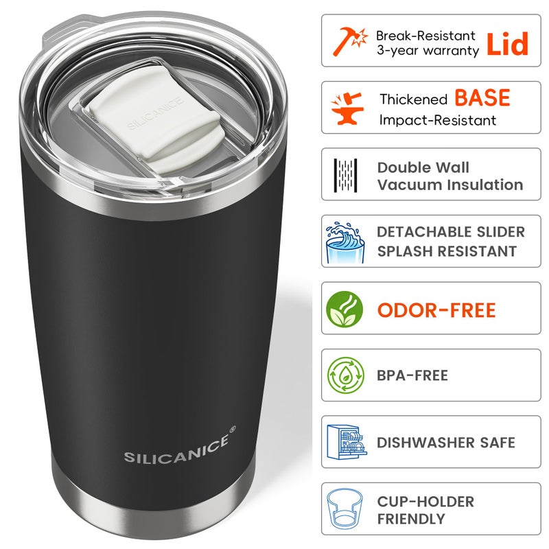 SILICANICE 20oz Hygienic Stainless Steel Vacuum Insulated Tumbler w/ Easy-On/Easy-Off Lid - Removable slider, Double Wall 18/8 Travel Mug, BPA-Free, Fits Cup Holders, Premium Quality, Smart Value - Black - Image 5