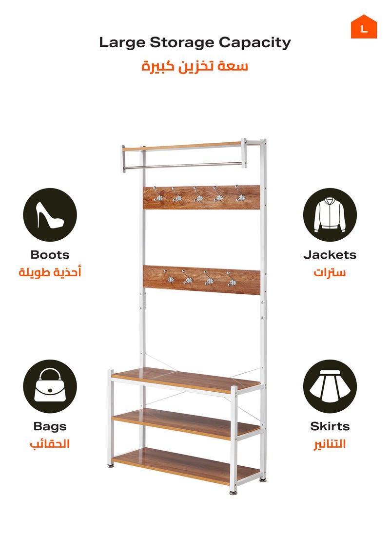 LAWAZIM - 3 Layer Shoes Rack and Coat Hanger - 80cm, Brown - Entryway Organizer and Coat Stand with Top Shelf - For Shoes, Bags, and Coats - Steel Pipe, 9 Hooks, Anti-Slip Feet, Space-Saving Design - Image 1