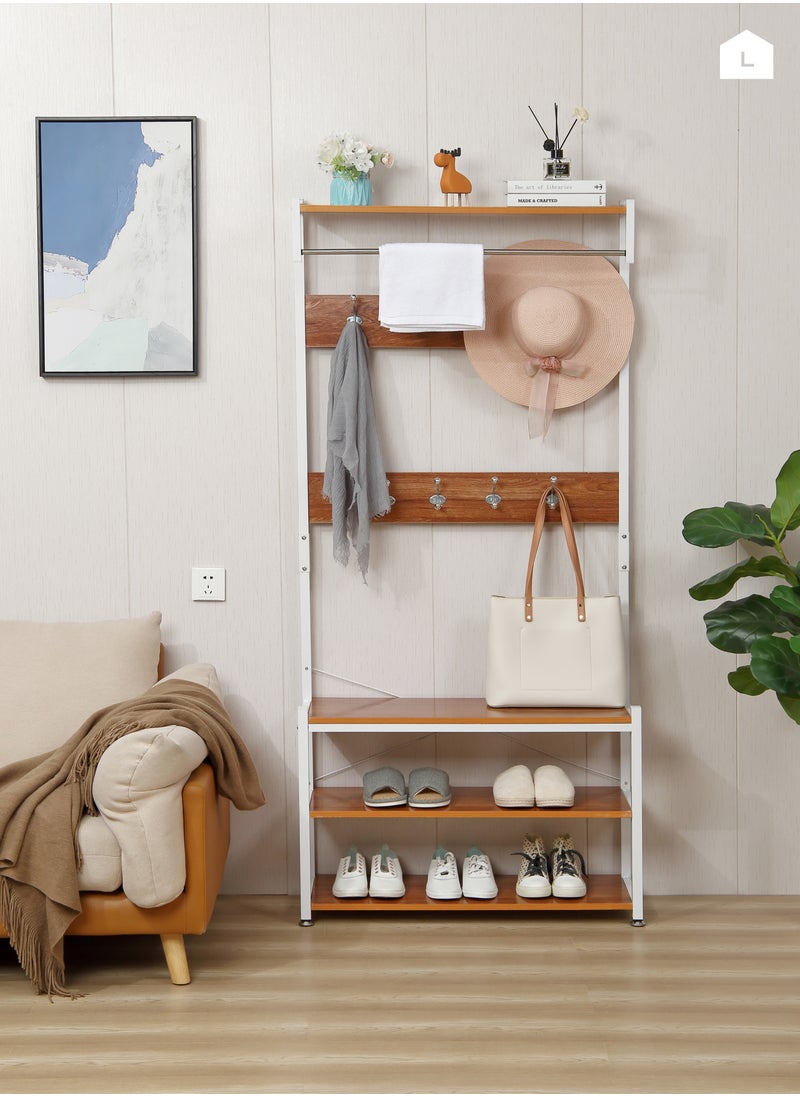 LAWAZIM - 3 Layer Shoes Rack and Coat Hanger - 80cm, Brown - Entryway Organizer and Coat Stand with Top Shelf - For Shoes, Bags, and Coats - Steel Pipe, 9 Hooks, Anti-Slip Feet, Space-Saving Design - Image 1