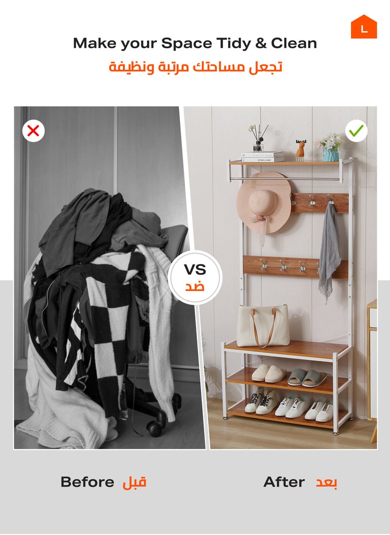 LAWAZIM - 3 Layer Shoes Rack and Coat Hanger - 80cm, Brown - Entryway Organizer and Coat Stand with Top Shelf - For Shoes, Bags, and Coats - Steel Pipe, 9 Hooks, Anti-Slip Feet, Space-Saving Design - Image 1