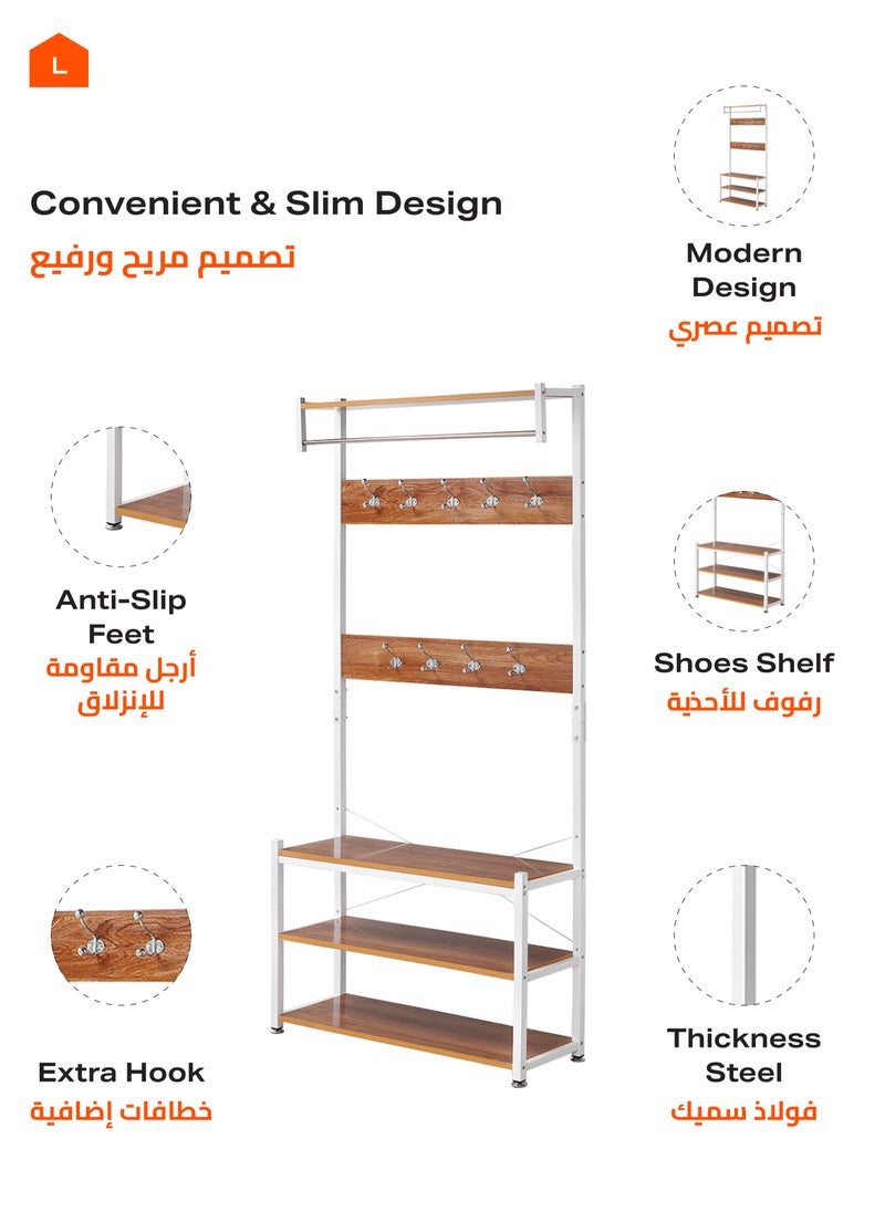 LAWAZIM - 3 Layer Shoes Rack and Coat Hanger - 80cm, Brown - Entryway Organizer and Coat Stand with Top Shelf - For Shoes, Bags, and Coats - Steel Pipe, 9 Hooks, Anti-Slip Feet, Space-Saving Design - Image 1