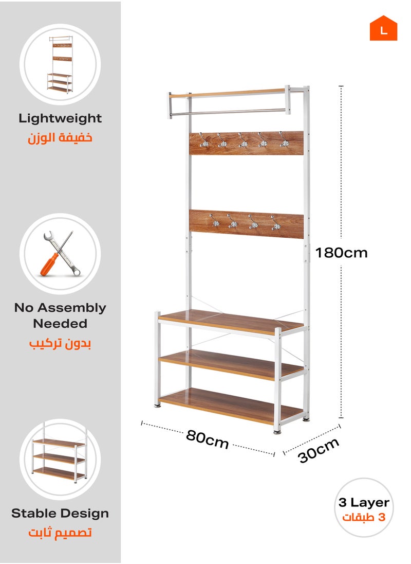 LAWAZIM - 3 Layer Shoes Rack and Coat Hanger - 80cm, Brown - Entryway Organizer and Coat Stand with Top Shelf - For Shoes, Bags, and Coats - Steel Pipe, 9 Hooks, Anti-Slip Feet, Space-Saving Design - Image 1